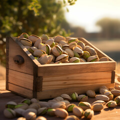 Wall Mural - Pistachio nuts harvested in a wooden box in a plantation with sunset. Natural organic fruit abundance. Agriculture, healthy and natural food concept. Square composition.