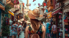 Beautiful Tourist Young Woman Walking In Istanbul City Street On Summer, Turkey, Tourism Travel Holiday Vacations Concept In Europe