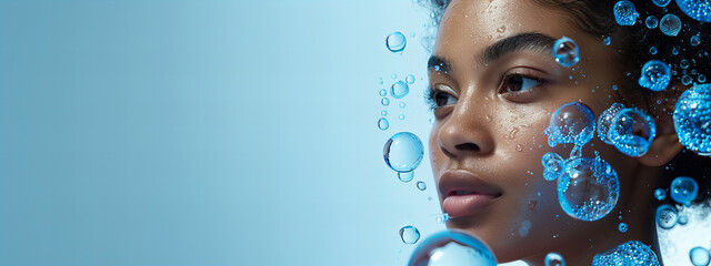 Poster - A beautiful black woman with blue eyes portrait blue tones hydrating serum molecules structure and flying water droplets on face, light background. Skincare and beauty banner with copy space.