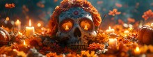 Floral Skull With Lit Candles A Creepy, Cute, And Colorful Halloween Decoration Generative AI