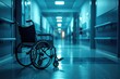 A wheelchair positioned in a hospital corridor, symbolizing mobility and care