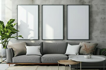 Three vertical frame mockup, ISO A2 frame mockup, mockup poster on the wall of living room. Interior mockup, modern living room with white sofa and beige pillows wall art mockup