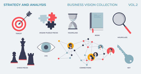 Wall Mural - Strategy and analysis for effective and smart business vision tiny collection. Labeled elements with target, objectives, corporate connections, precise moves and high performance vector illustration.