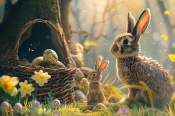 Happy Easter Eggs Basket style. Bunny in flower easter Prussian blue decoration Garden. Cute hare 3d love card easter rabbit spring illustration. Holy week Religious Card card wallpaper Native bloom