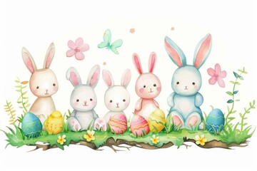 Wall Mural - Happy Easter Eggs Basket easter snowdrop. Bunny in flower easter Springtime decoration Garden. Cute hare 3d cobalt easter rabbit spring illustration. Holy week Lush Green card wallpaper labeled space