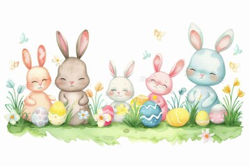 Wall Mural - Happy Easter Eggs Basket plush toddler toy. Bunny in flower easter parade decoration Garden. Cute hare 3d eggcellent easter rabbit spring illustration. Holy week cerulean blue card wallpaper planters
