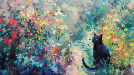 Wall Mural - Playful animals in a garden oil painting