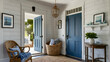 Shiplap walls, a natural fiber rug, and a glorious blue door create the quintessential coastal entryway coastal home interior decorative style element house beautiful design