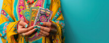 Woman Holding  Tarot And Oracle Cards, On Turquoise Background, Inviting Users To Seek Guidance, Self-reflection, And Spiritual Insights. These Cards Serve As Powerful Tools For Divination.