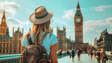 Fototapeta Londyn - Beautiful tourist young woman walking in London city street on summer, England UK United Kingdom, tourism travel holiday vacations concept in Europe