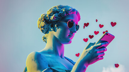 Ancient Greek marble woman sculpture in sunglasses receiving hearts on social media using cellphone. Woman statue communicates on a social network using a phone.