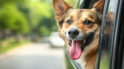 Cute funny dog travel in car. 