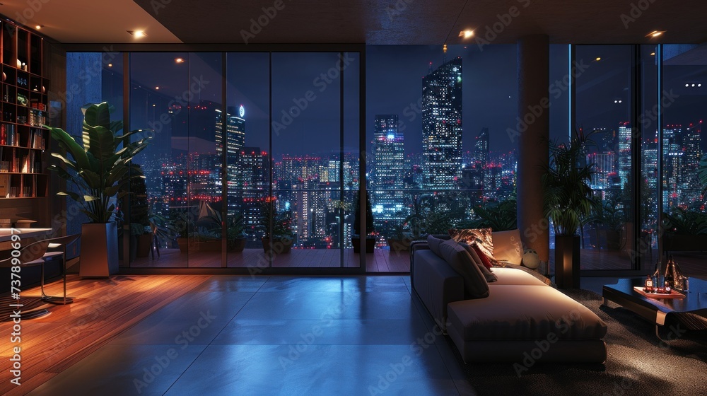 Loft contemporary interior apartments with city skyline and buildings ...