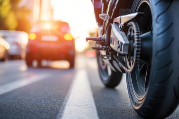 A detailed view of a motorcycle parked on a bustling city street.