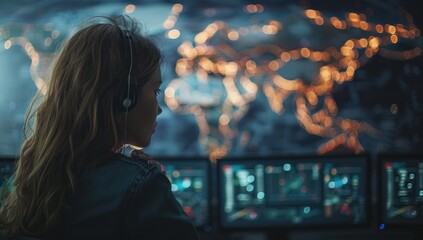 Wall Mural - Woman sits engrossed before network of screens eyes reflecting intricate web of technology amidst dark room focus is unyielding navigates vast expanse of cyberspace