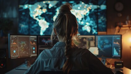 Wall Mural - Woman sits engrossed before network of screens eyes reflecting intricate web of technology amidst dark room focus is unyielding navigates vast expanse of cyberspace