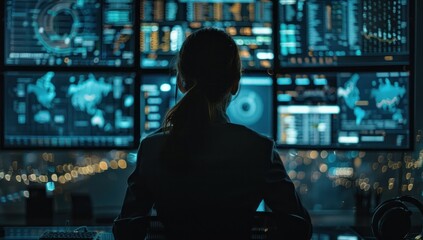 Wall Mural - Woman sits engrossed before network of screens eyes reflecting intricate web of technology amidst dark room focus is unyielding navigates vast expanse of cyberspace