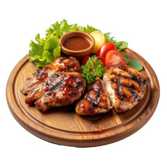 Wall Mural - grilled chicken with sauce on wooden plate. on transparency background PNG