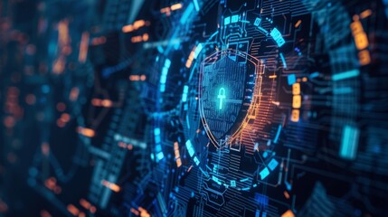 Poster - The protection of privacy data in the internet. Icon of shield protections made up of digit codes. Cloud storage storage of personal information. Cybersecurity tech concept.