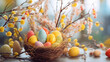 Kolorowe jasne tło na życzenia Wielkanocne. Alleluja - Wesołych świąt Wielkiej Nocy. Jajka, kwiaty i inne wiosenne dekoracje.