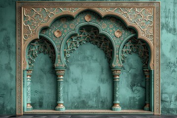 : islamic prayer niche art with turkish ornament on green background