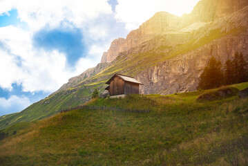 Wall Mural - Wooden house among green meadows in Dolomite alps, Italy in summer