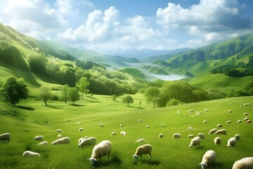 Wall Mural - sheeps grazing  on the mountains in sunlight