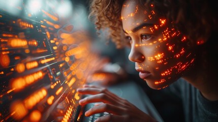 Poster - Human programmer analyzing and developing information on futuristic virtual interface, algorithm development, marketing, and deep learning of artificial intelligence on laptop.