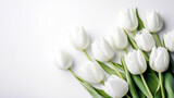Fototapeta Tulipany - Spring white tulip flowers on white background fit for Valentine's Day, Easter, Birthday, Happy Women's Day, Mother's Day, wedding invitations, Flat lay. Space for text. Ai generated