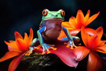 Wall Mural - A colorful frog sitting on top of a green leaf