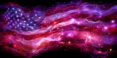 Wall Mural - The American Flag Cast Across a Cosmic Nebula, Symbolizing a Nations Ideals Woven into the Fabric of the Universe, Generative AI