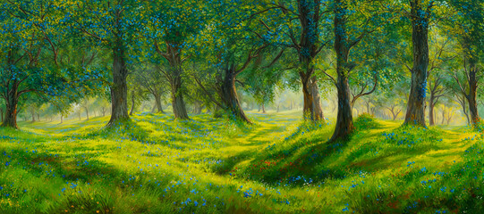 Wall Mural - Painterly and picturesque art of a forest glade with vibrant green grass and blue tree blossoms in spring, tranquil outdoor setting with a peaceful ambience. 