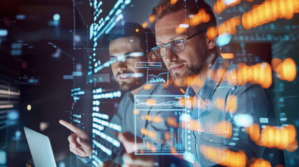 two handsome businessman working in the office superimposed over multiple lines of computer code
