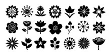 A Popular Collection Of 21 Flower Silhouette Icons. Abstract Floral Icons Isolated On A White Background