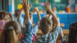 © Art AI Gallery - Back view of school kids raising hands while sitting in classroom at school