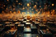 abstract dark background with many golden block shapes and lights, in the style of 3D rendering, digital art