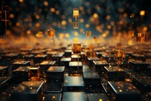 Abstract Dark Background With Many Golden Block Shapes And Lights, In The Style Of 3D Rendering, Digital Art