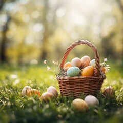 Wall Mural - Easter wicker basket, colorful painted eggs in green grass, sunny day, egg hunt, banner background