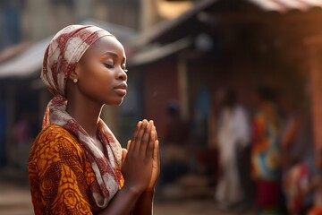 A young girl of African ethnicity praying. Christian religious prayer and devotion banner with copy space.