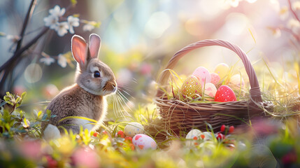 Wall Mural - Easter bunny and Easter eggs on green spring meadow	
