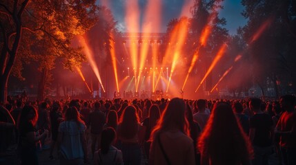 Poster - Laser lights and fire at an outdoor summer music party