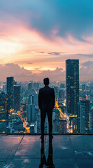 Silhouette of businessman looking at the cityscape at sunset .