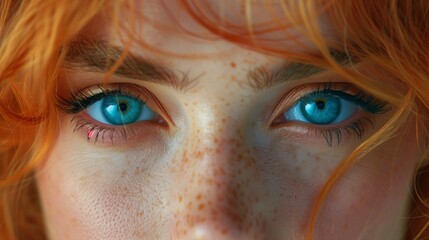 Wall Mural - Close up of womans face revealing blue eyes, freckles, eyelashes, and wrinkles