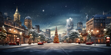 Christmas Background With Christmas Tree And Building On The Street  Illustration Snowy Street With Christmas Trees And Lights Digital Art Style Ai Generative