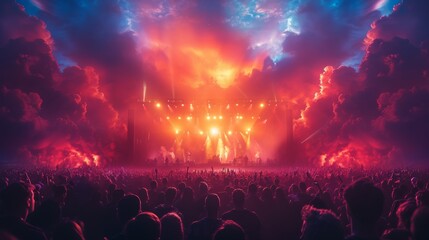 Wall Mural - The crowd is partying under the stage lights at a summer music festival