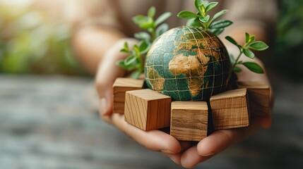 Canvas Print - Creating a green environment and business. Creating a green community. Hand holds wooden cubes with eco globe on grey background.