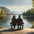 A couple sitting on a bench in front of a lake