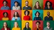 Collage de 15 personnes de diverses origine ethnique exprimant des émotions positives sur fond coloré