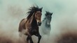 Horses with long mane portrait run gallop in desert dust