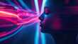 © remake - Woman face with neon lights and waves. Stunning portrait of fashionable beauty, illuminated by vibrant colors and trendy design in nightclub ambiance